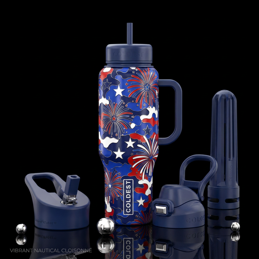 Cloisonné Nautical stars fire works digital red wh... water bottle design