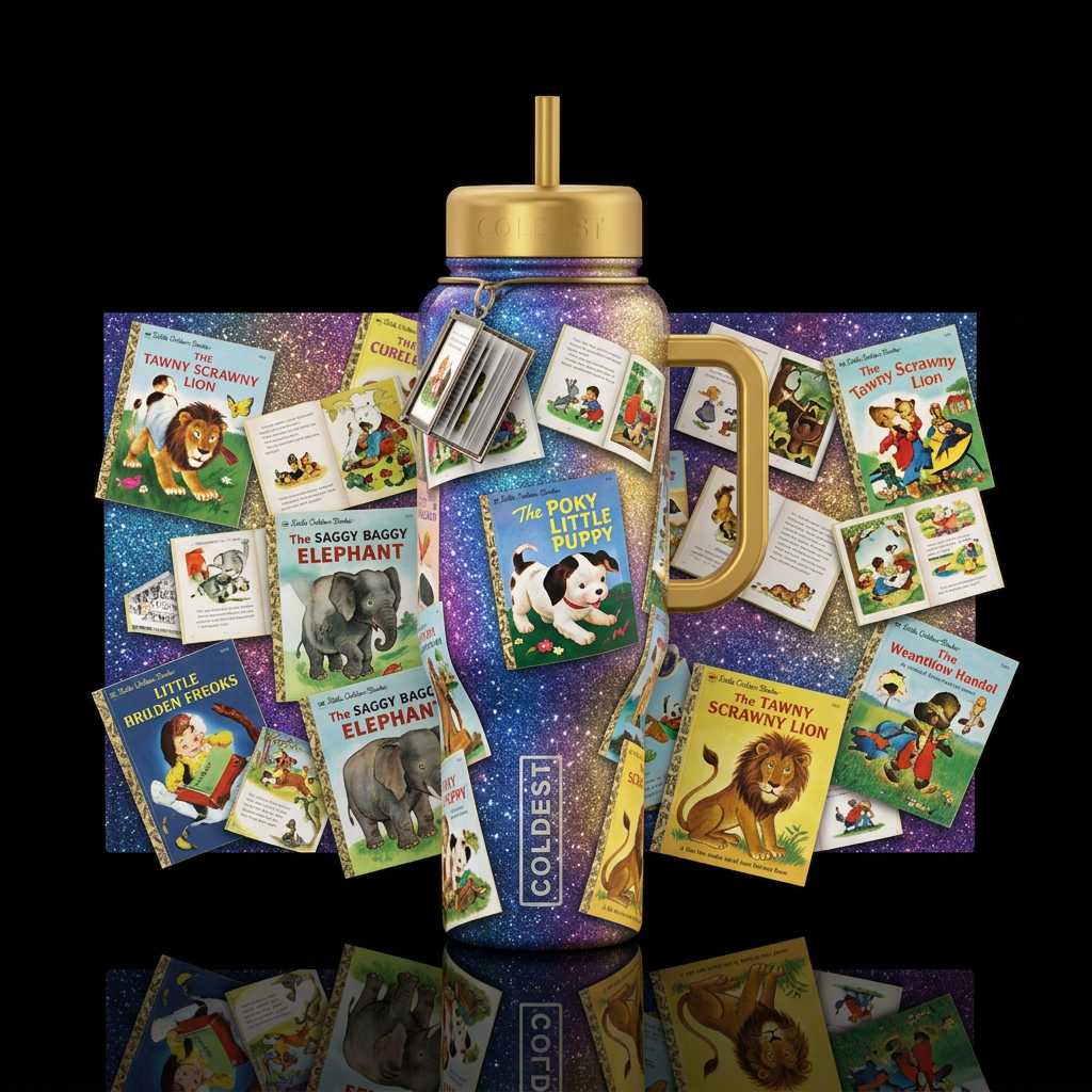 Reimagined scattered vintage little golden books a... water bottle design