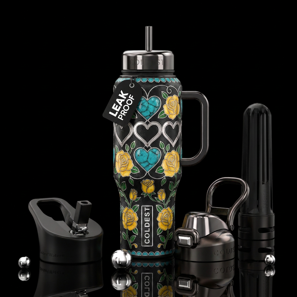 cloisonné Turquoise stones, silver hearts, yellow ... water bottle design