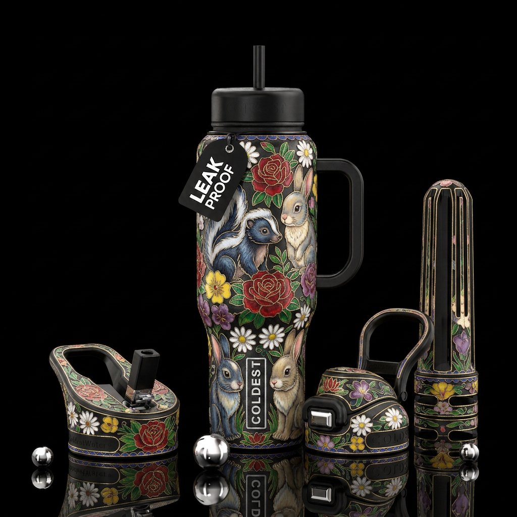 Cloisonné Baby skunks, bunnies , roses ,  daises, water bottle design