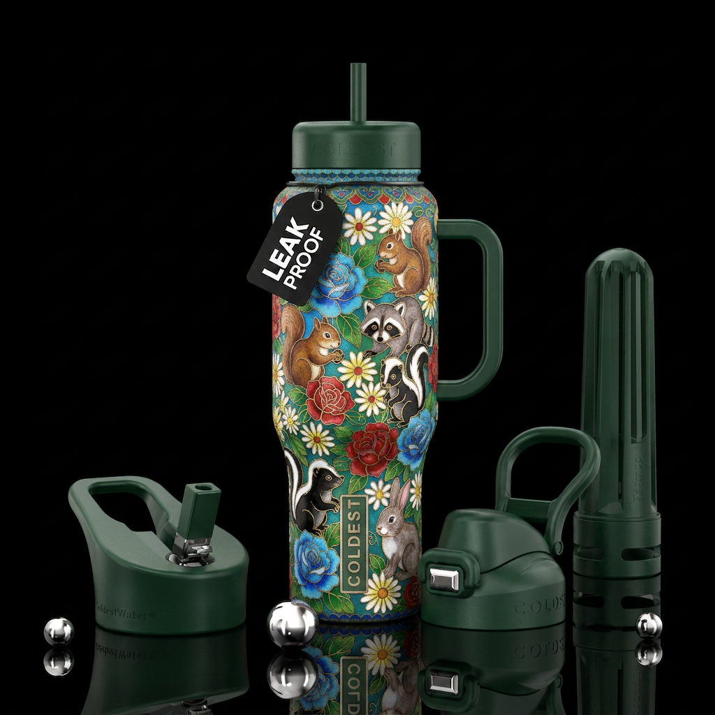 Cloisonné , squirrels, raccoons, bright colors, Ba... water bottle design