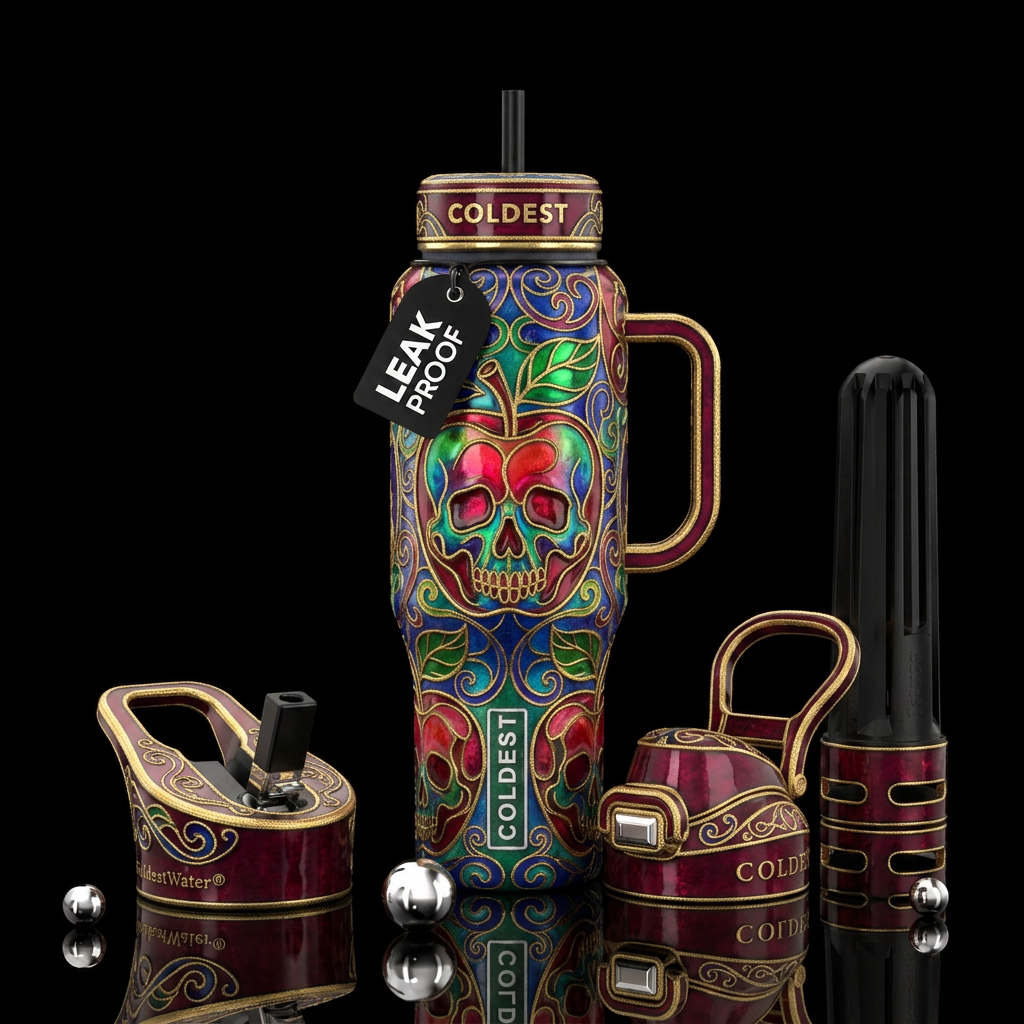 Bright colors Cloisonné art style poison apples water bottle design