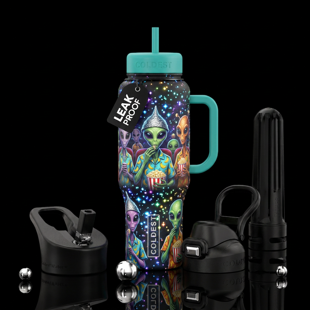 Aliens and tinfoil hats eating popcorn, bright col... water bottle design