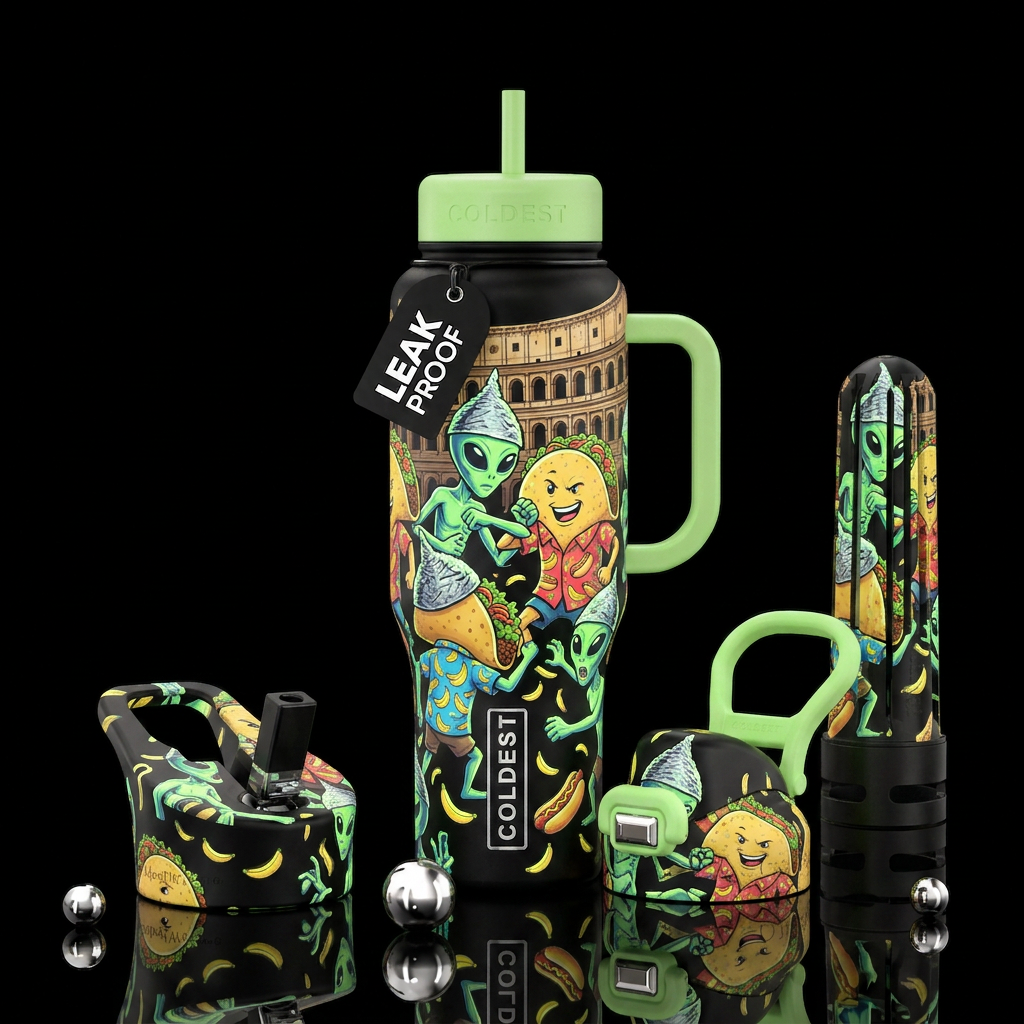 Aliens wearing  tinfoil hats fighting tacos in Haw... water bottle design