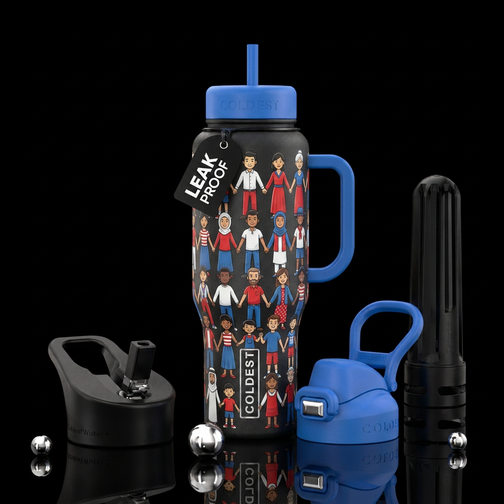 Cartoon versions of people from various races, eth... water bottle design