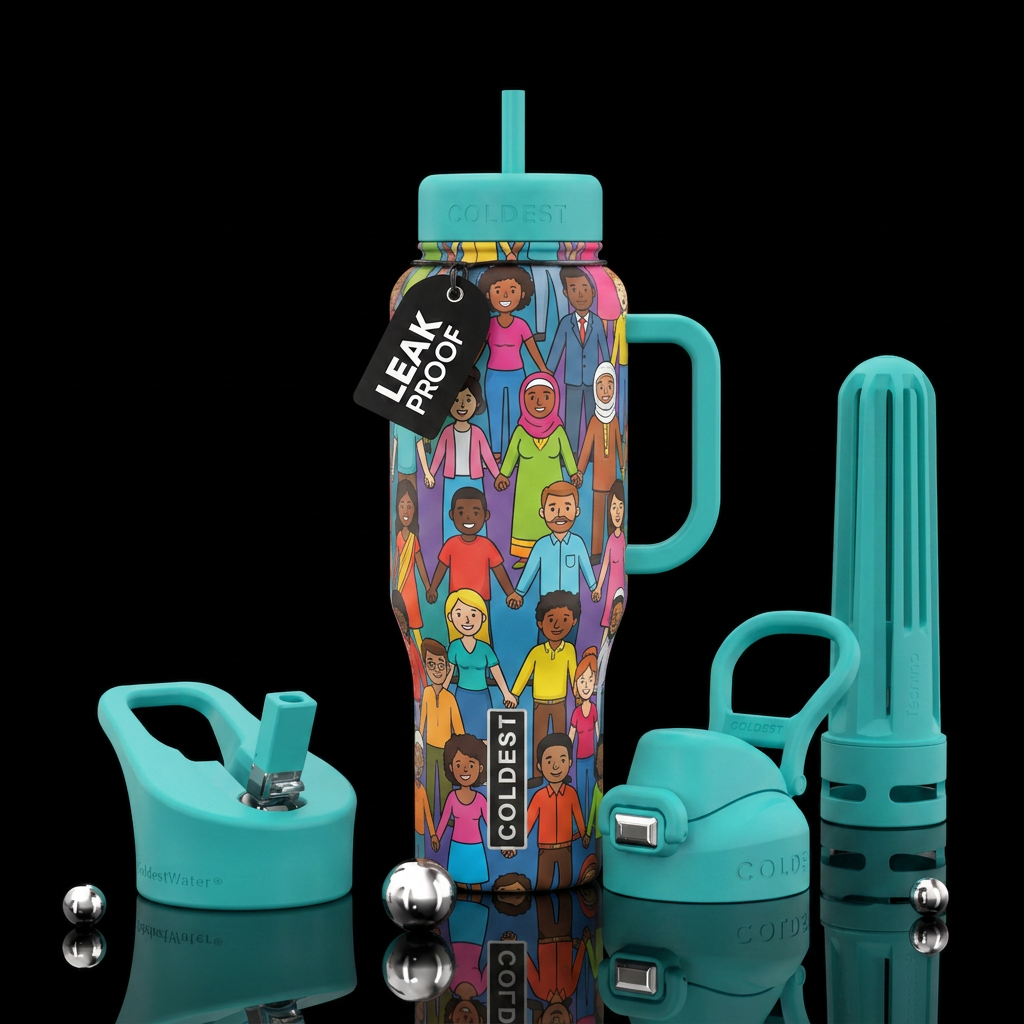 Cartoon versions of people from various races, eth... water bottle design