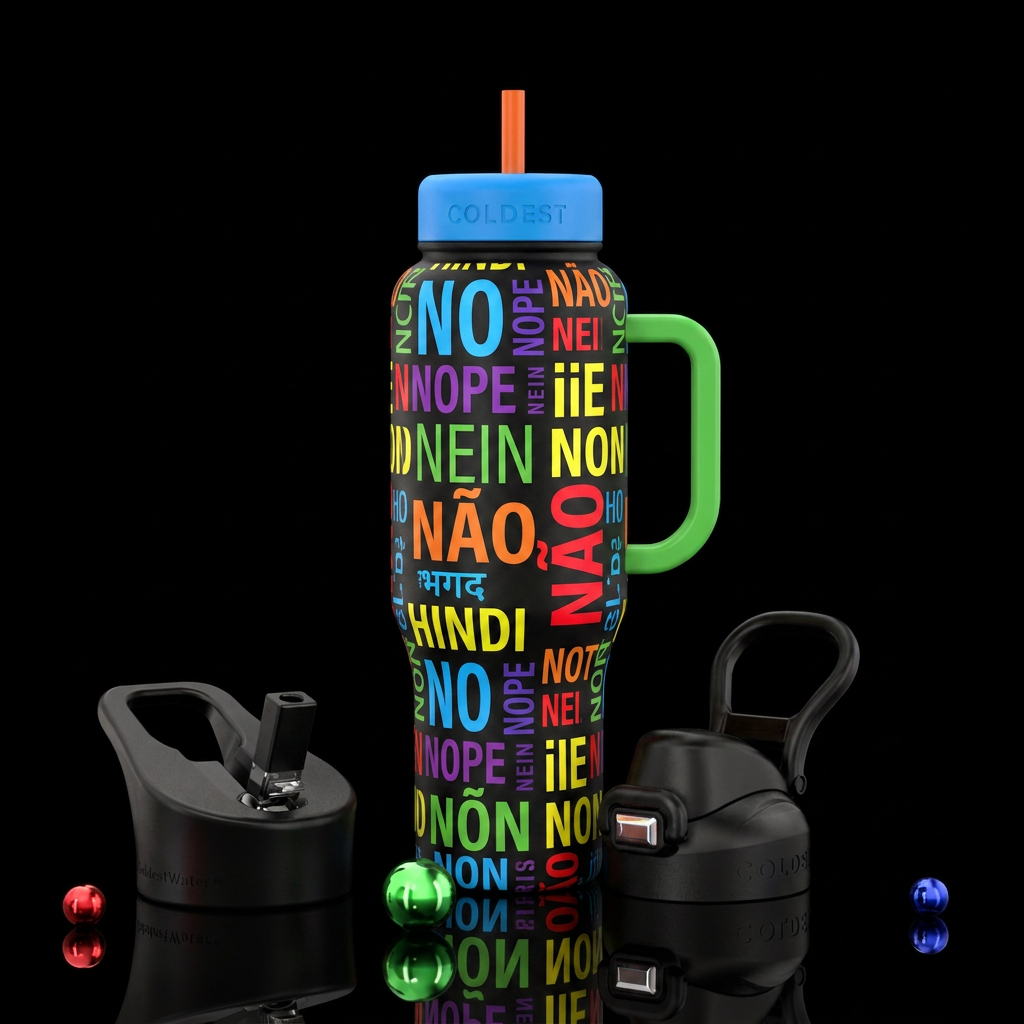 The word no and nope, in various fonts and languag... water bottle design