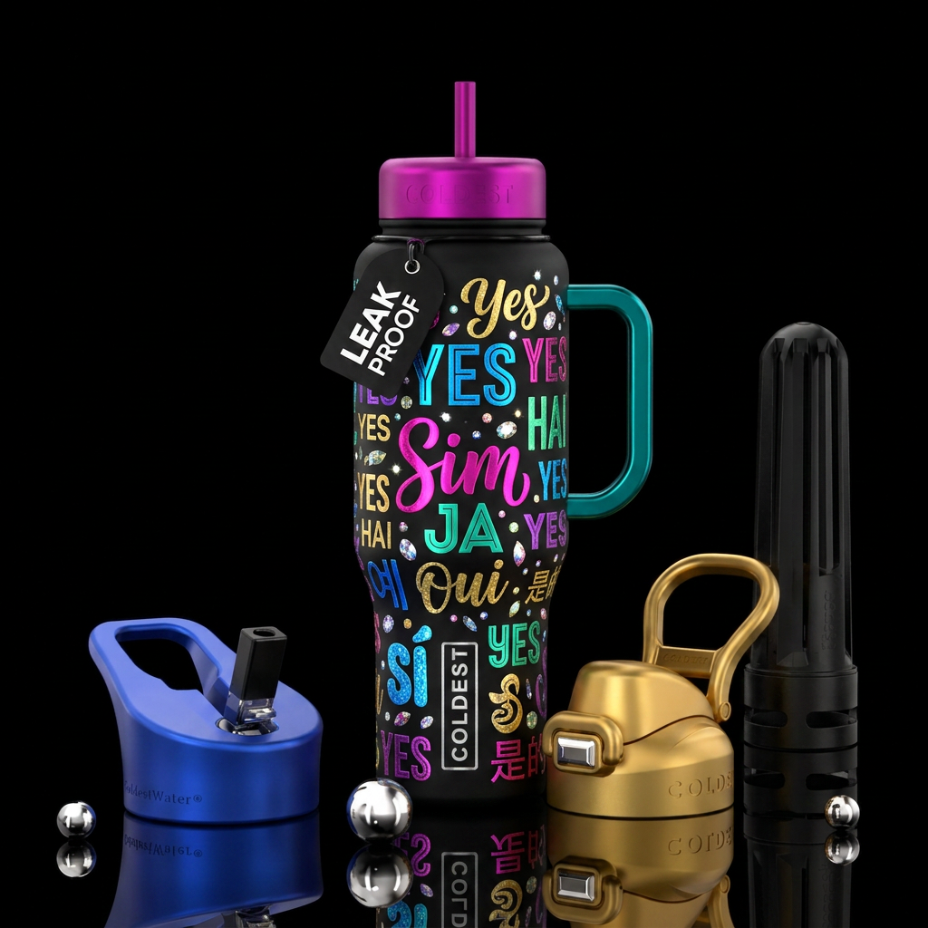 The word YES IN VARIOUS LANGUAGES FONTS SIZES SCAT... water bottle design