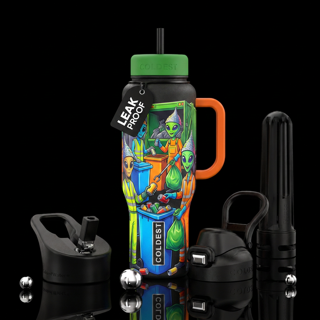 Aliens in tinfoil hats, dressed as sanitation work... water bottle design