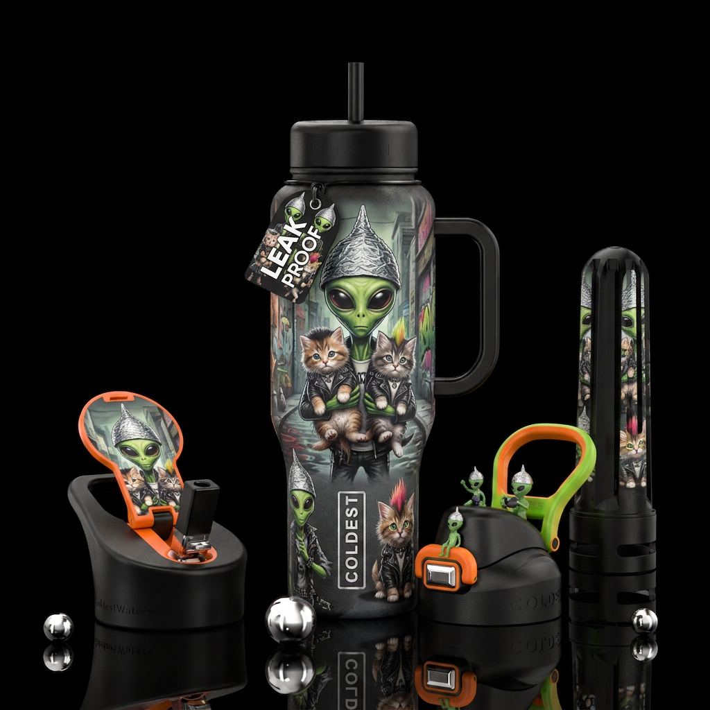 Aliens in tinfoil hats, just as punk rockers with ... water bottle design