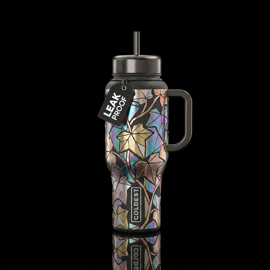 Cubist ivy made out of precious metals, iridescent... water bottle design