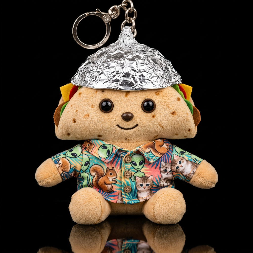 A taco with a tinfoil hat we an Hawaiian shirt wit... water bottle design