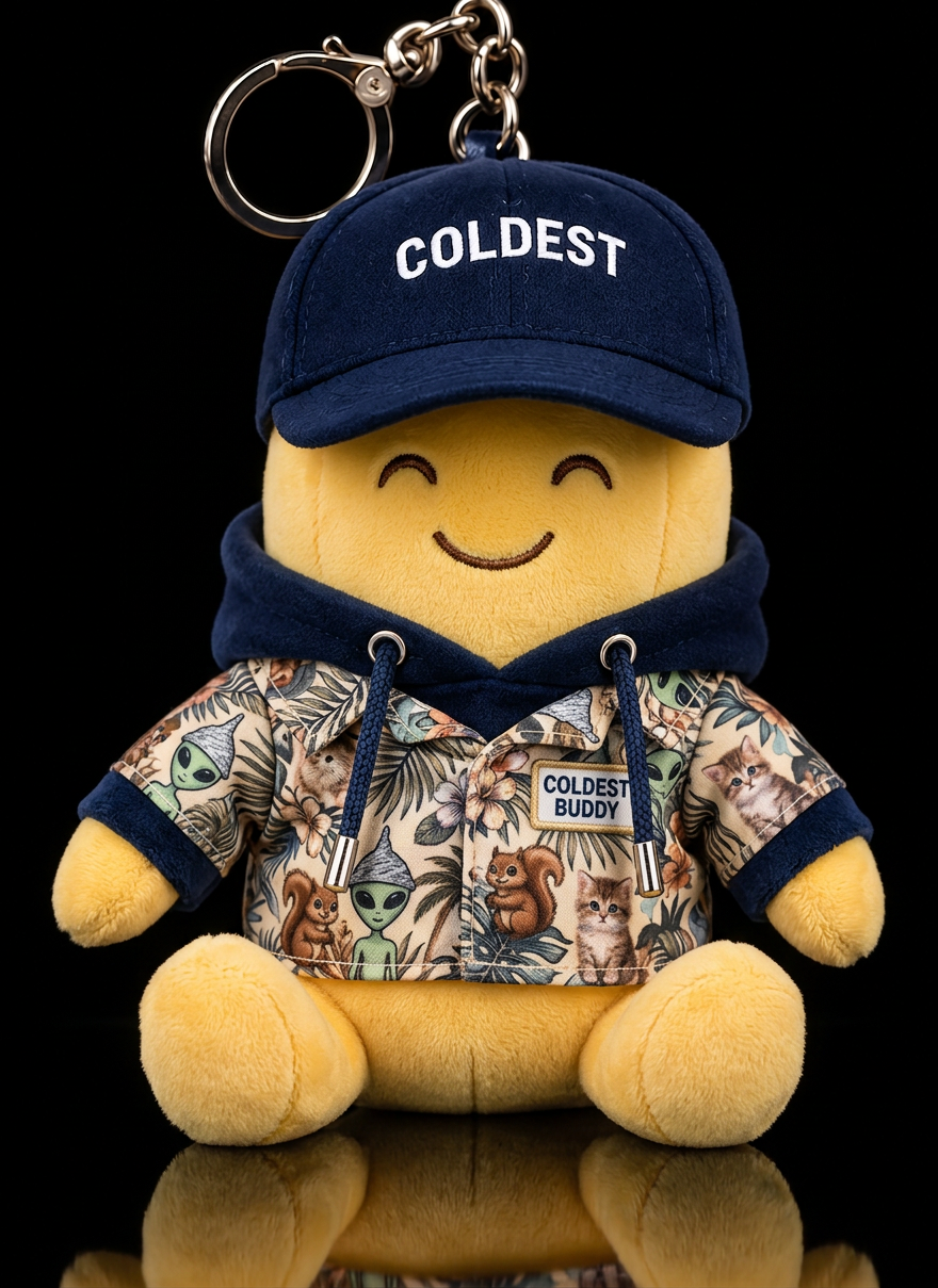 A joyful banana with a coldest buddy name tag wear... water bottle design