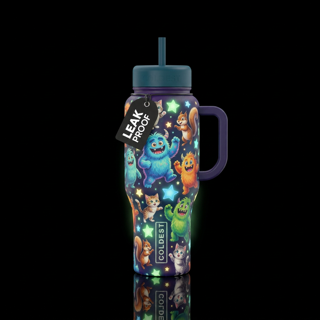Fuzzy multi colored monsters , squirrels and kitte... water bottle design