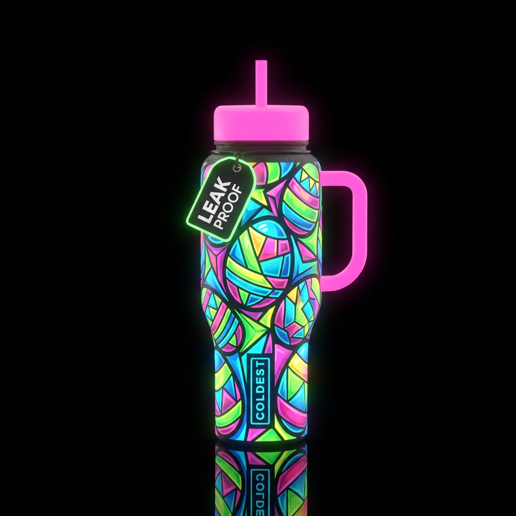 Glow in the dark neon, Cubist 1980s painted Easter... water bottle design