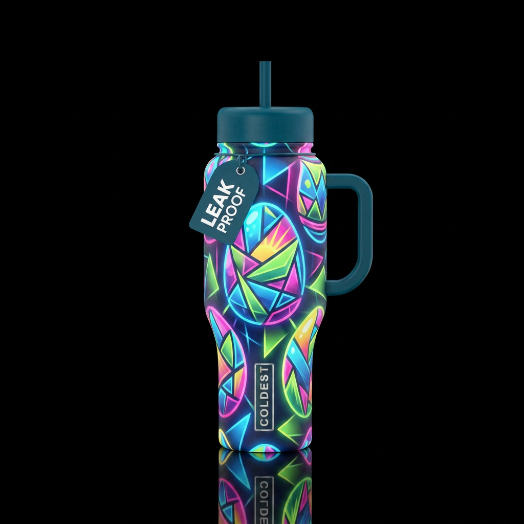 Glow in the dark neon, Cubist 1980s painted Easter... water bottle design