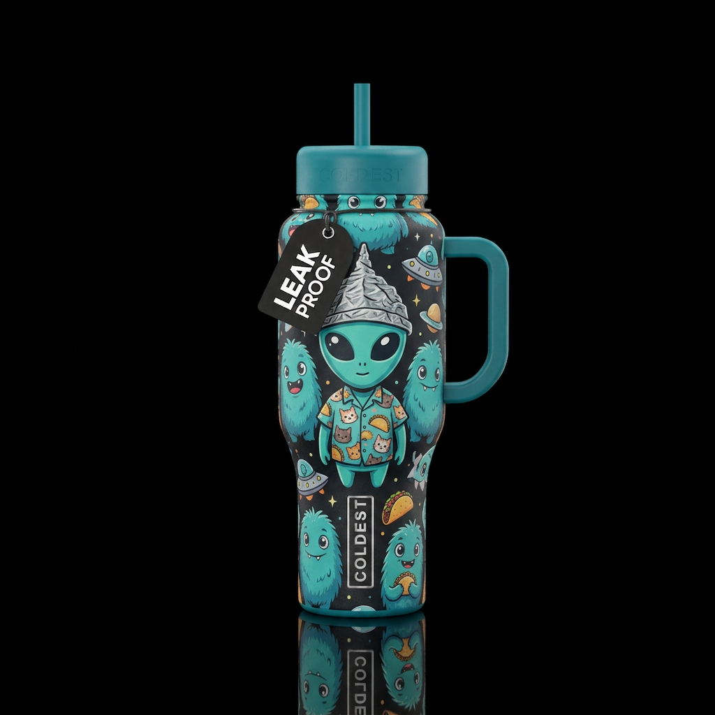 Flying spaceships, fuzzy monstersTeal blue adorabl... water bottle design