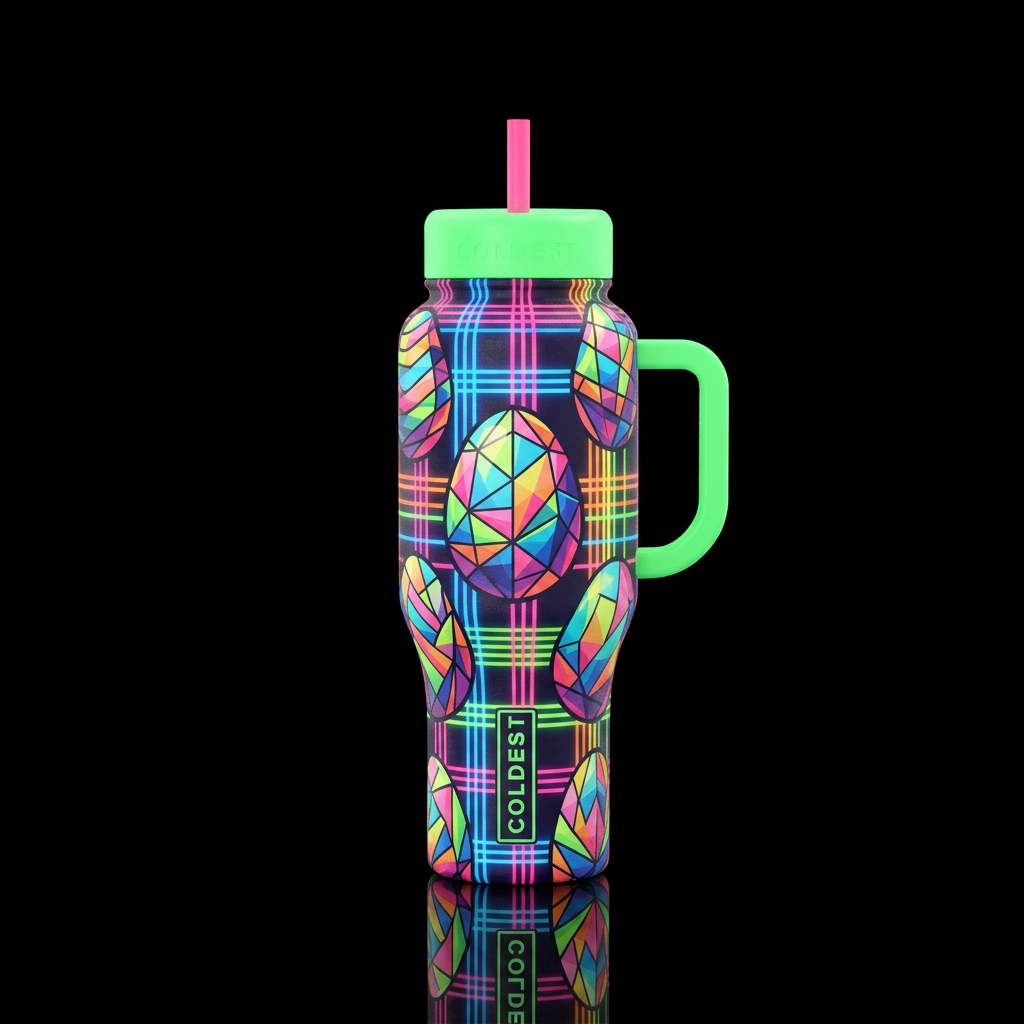 Plaid neon, cubist Easter eggs water bottle design