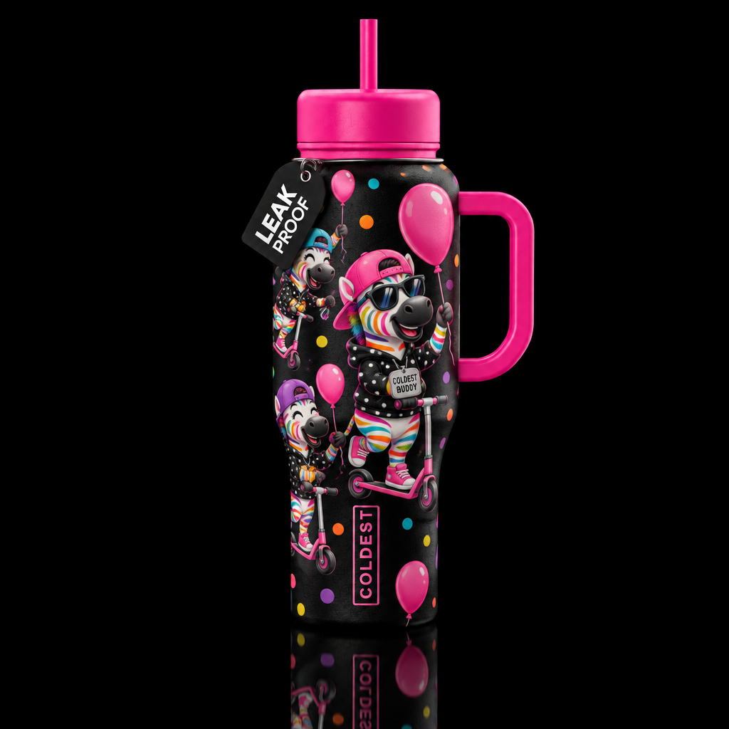 Happy cartoon Rainbow striped zebras wearing a dog... water bottle design