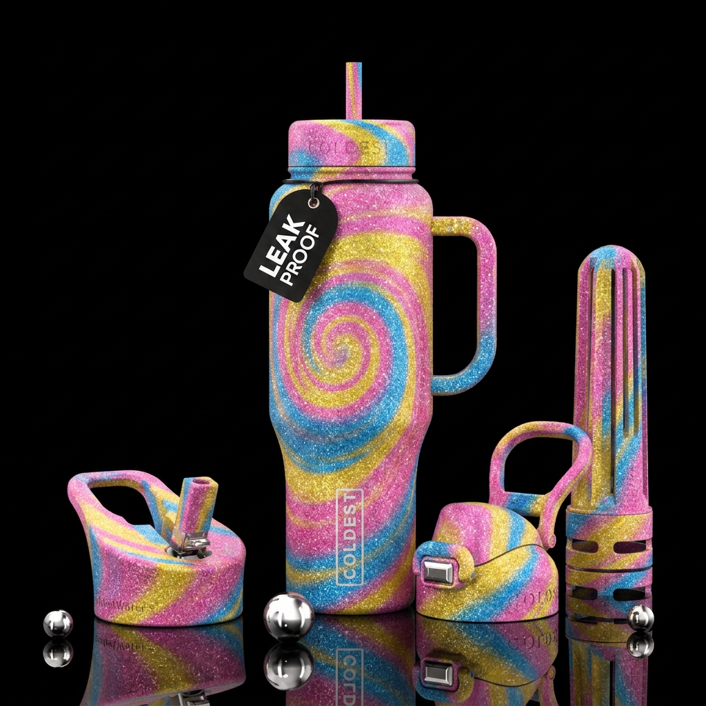 Pink,yellow and blue glitter spirals water bottle design
