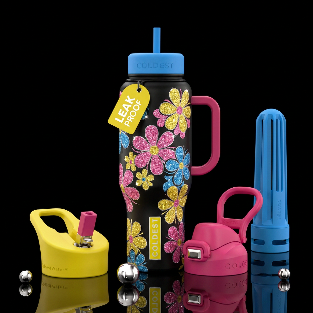 Pink,yellow and blue glitter flowers water bottle design