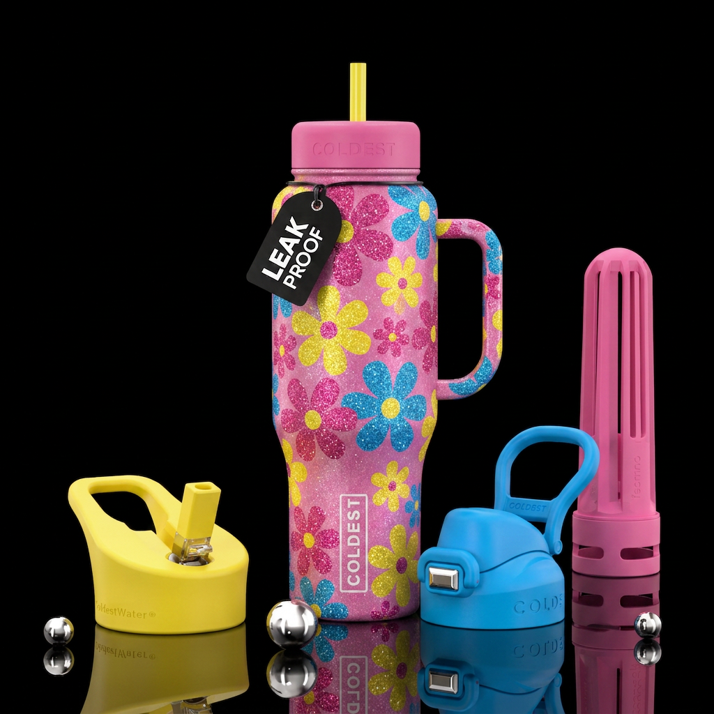 Pink,yellow and blue glitter flowers water bottle design
