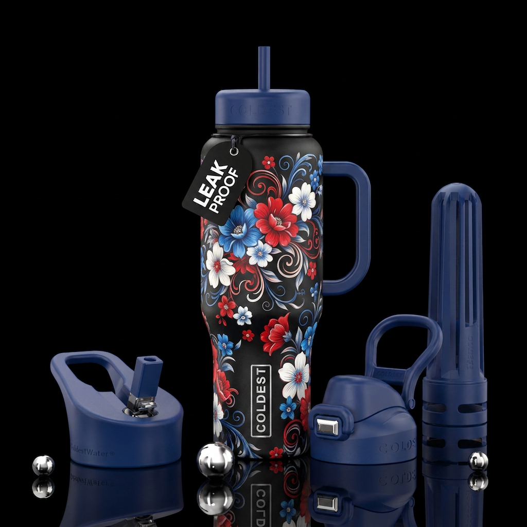 Red white and blue flowers and swirls water bottle design
