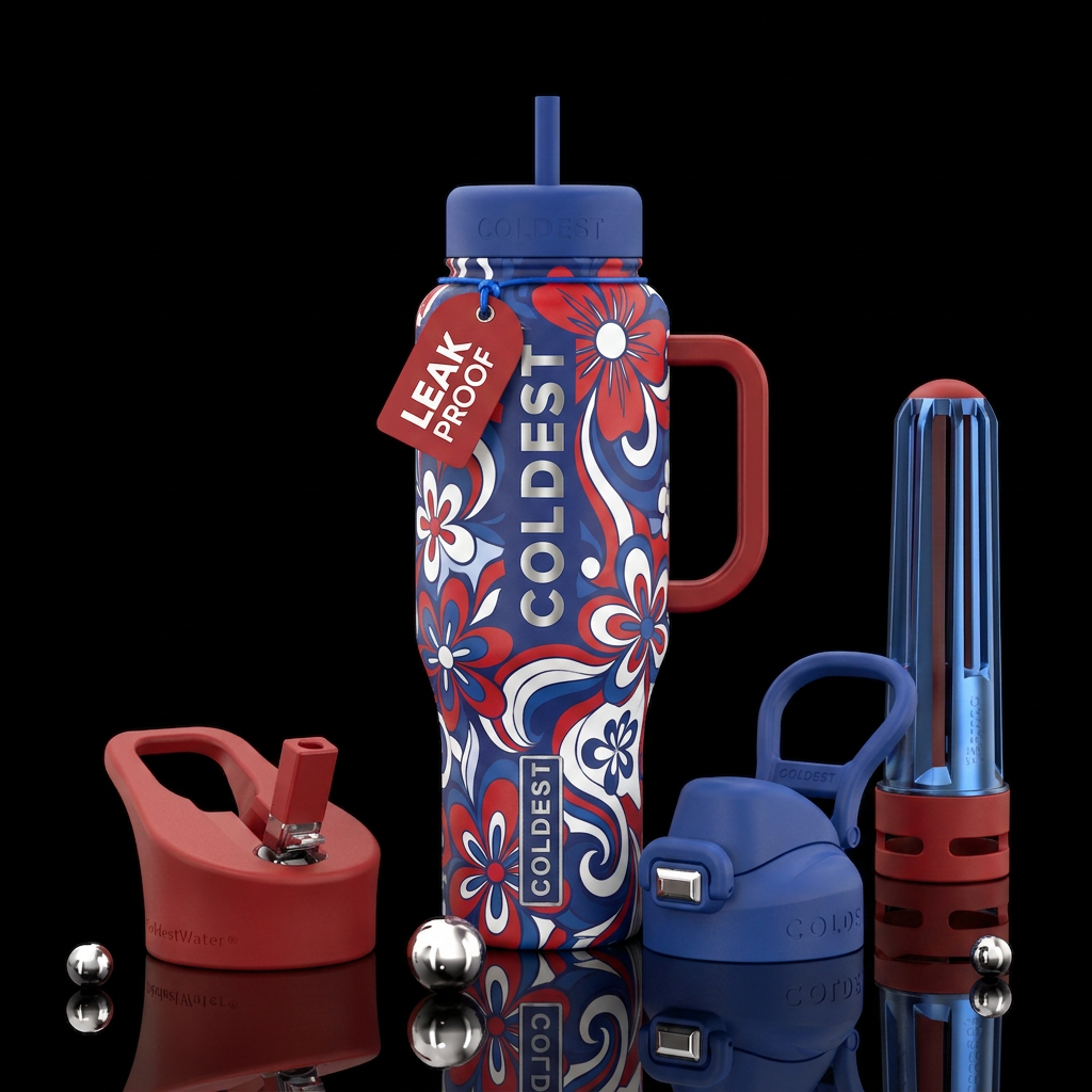 Red white and blue flowers and swirls water bottle design