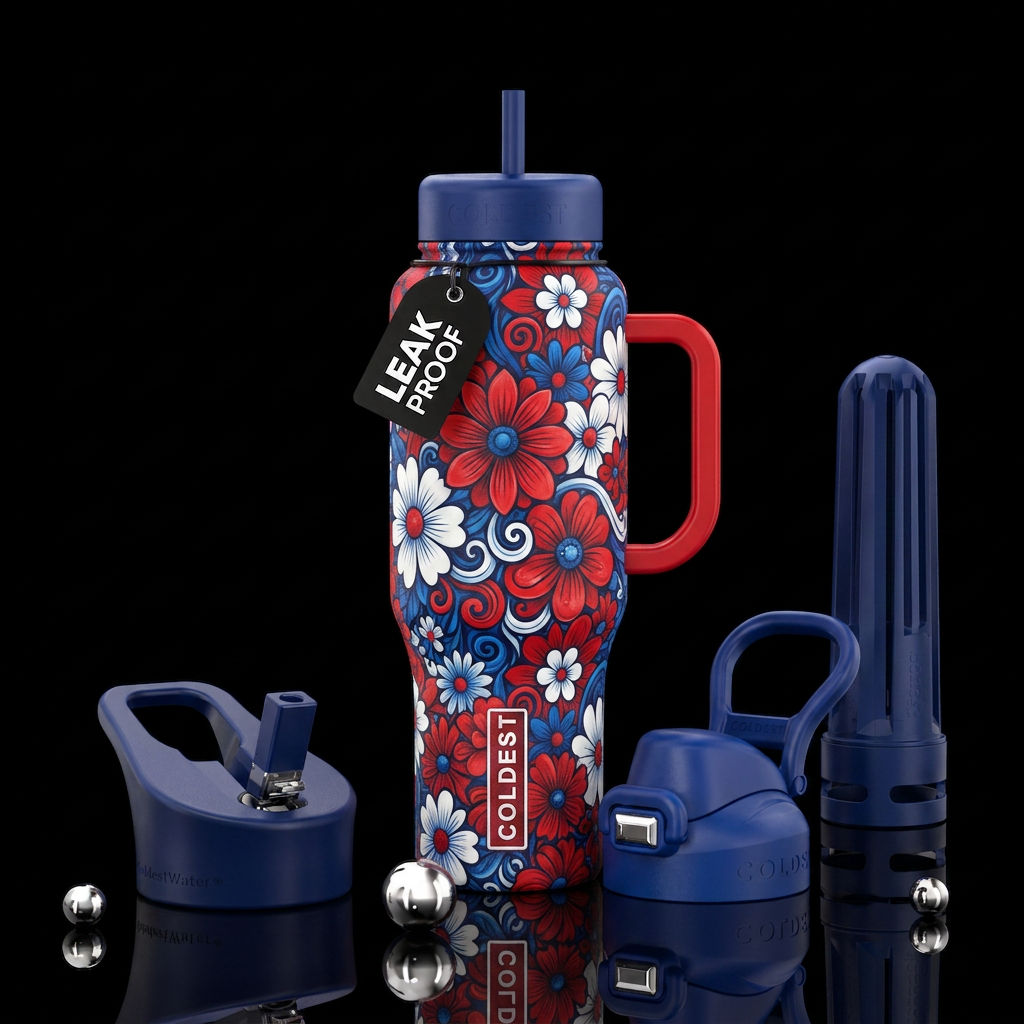 Red white and blue flowers and swirls water bottle design