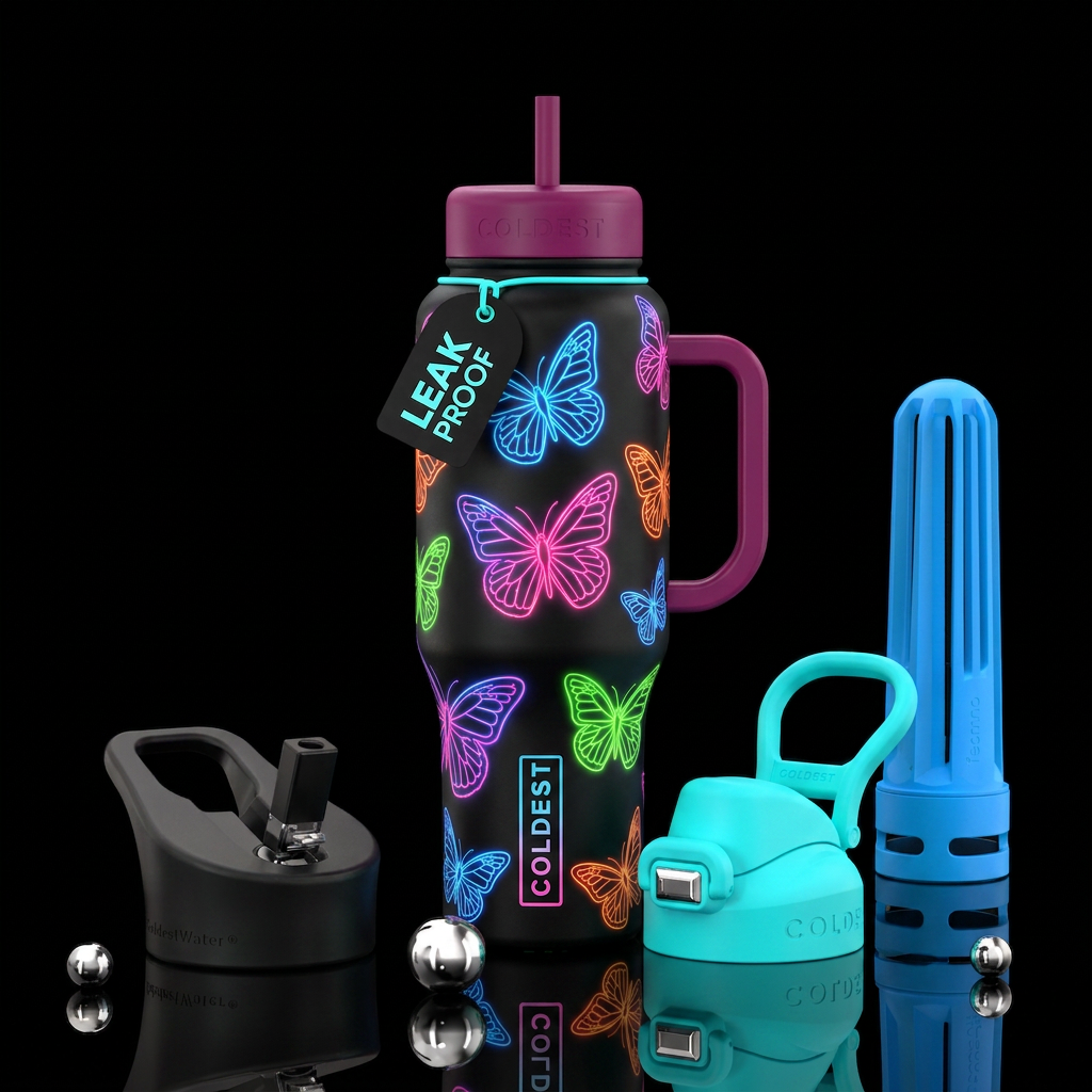 Butterflies neon water bottle design