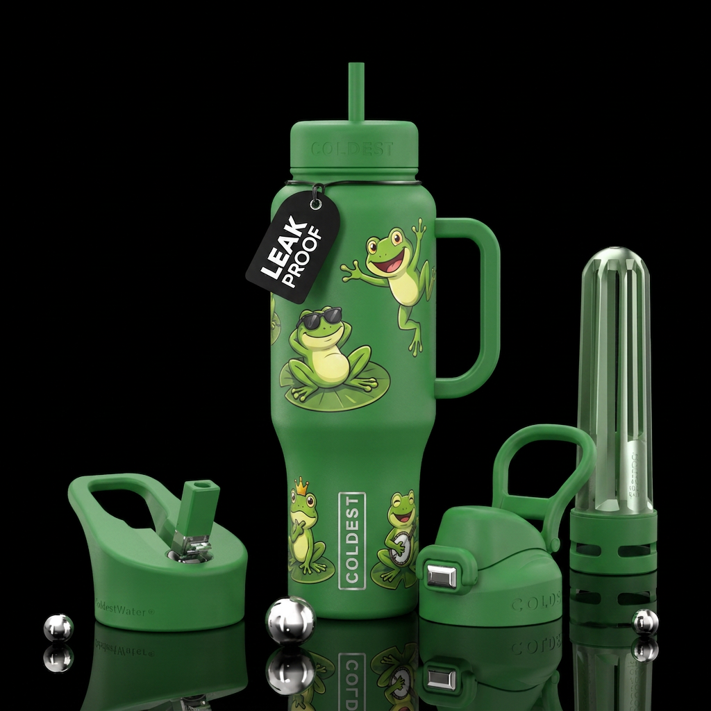 Cartoon frogs with different attitudes on lily pad... water bottle design