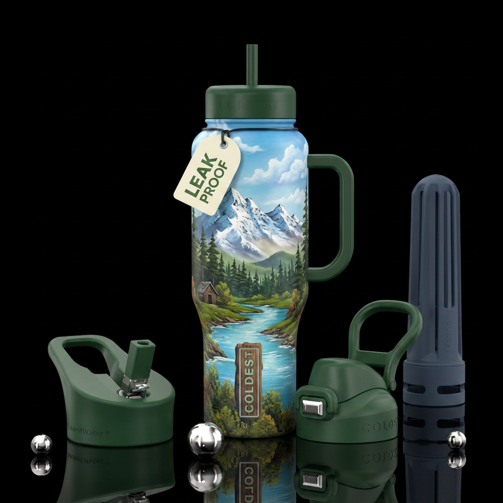 Bob Ross painting water bottle design