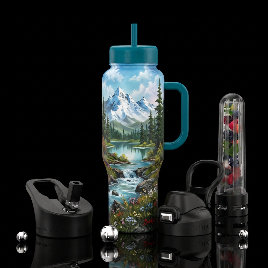 Bob Ross painting water bottle design
