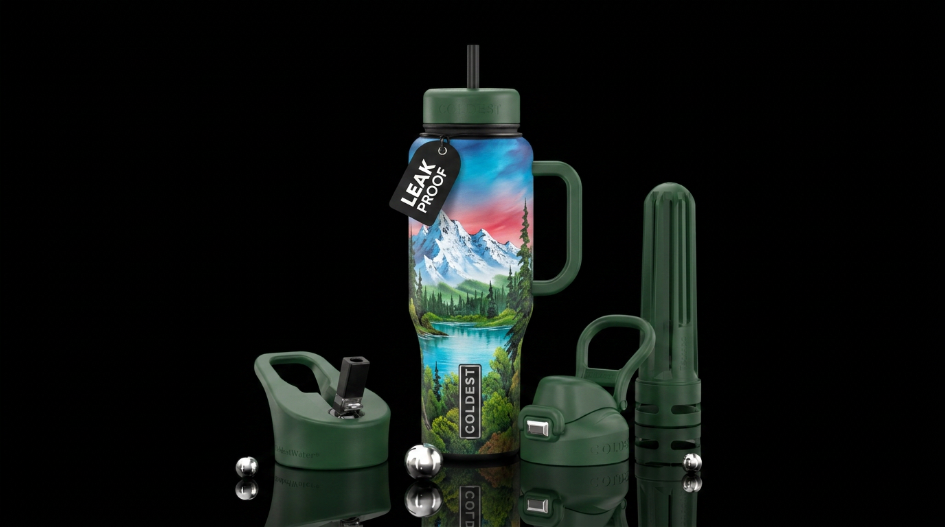 Bob Ross painting water bottle design