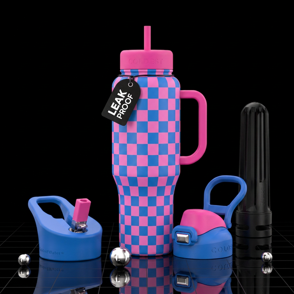 Blue and pink checkered water bottle design