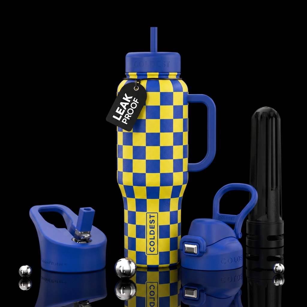Yellow and blue checkered water bottle design