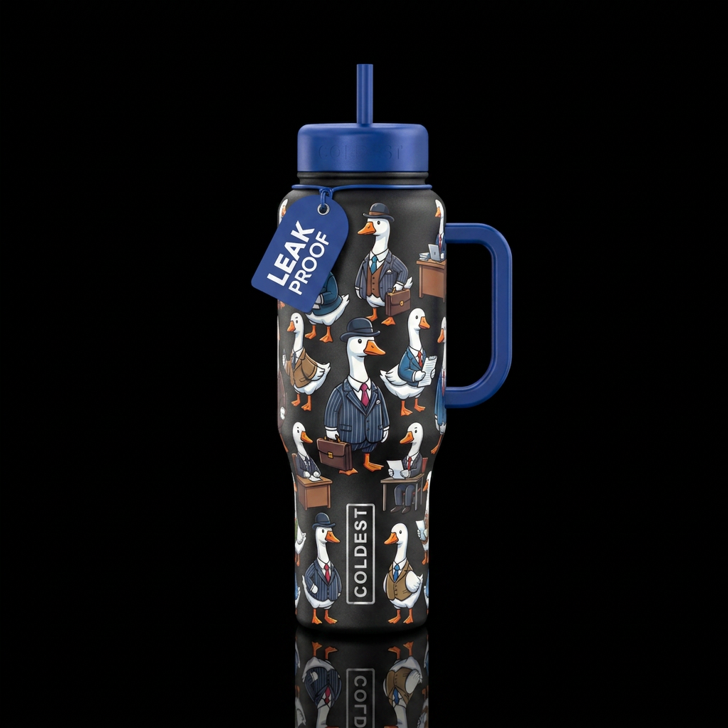 Cartoon geese in serious business costumes water bottle design