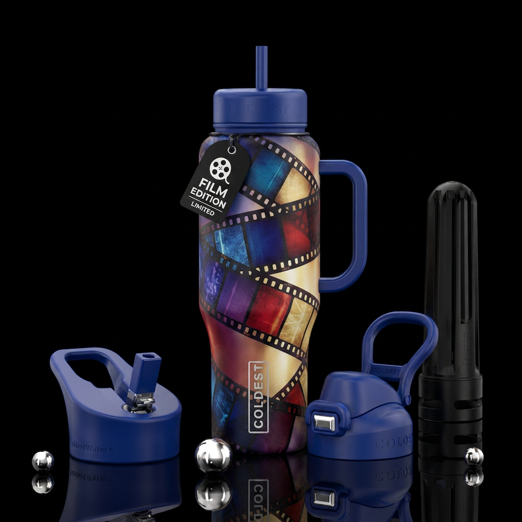 Roll of unravel movie film water bottle design