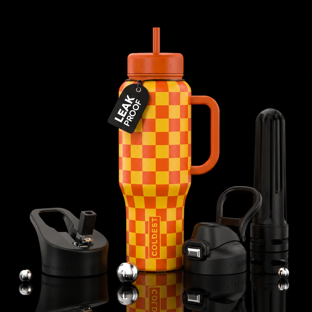 Orange and yellow checkers water bottle design