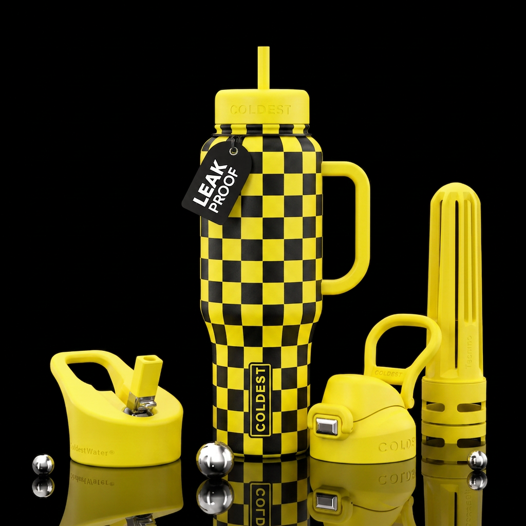 Yellow and black checkers with yellow handle and l... water bottle design