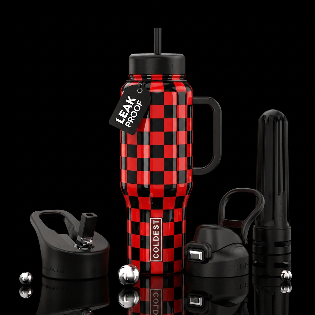 Red and black checkers water bottle design