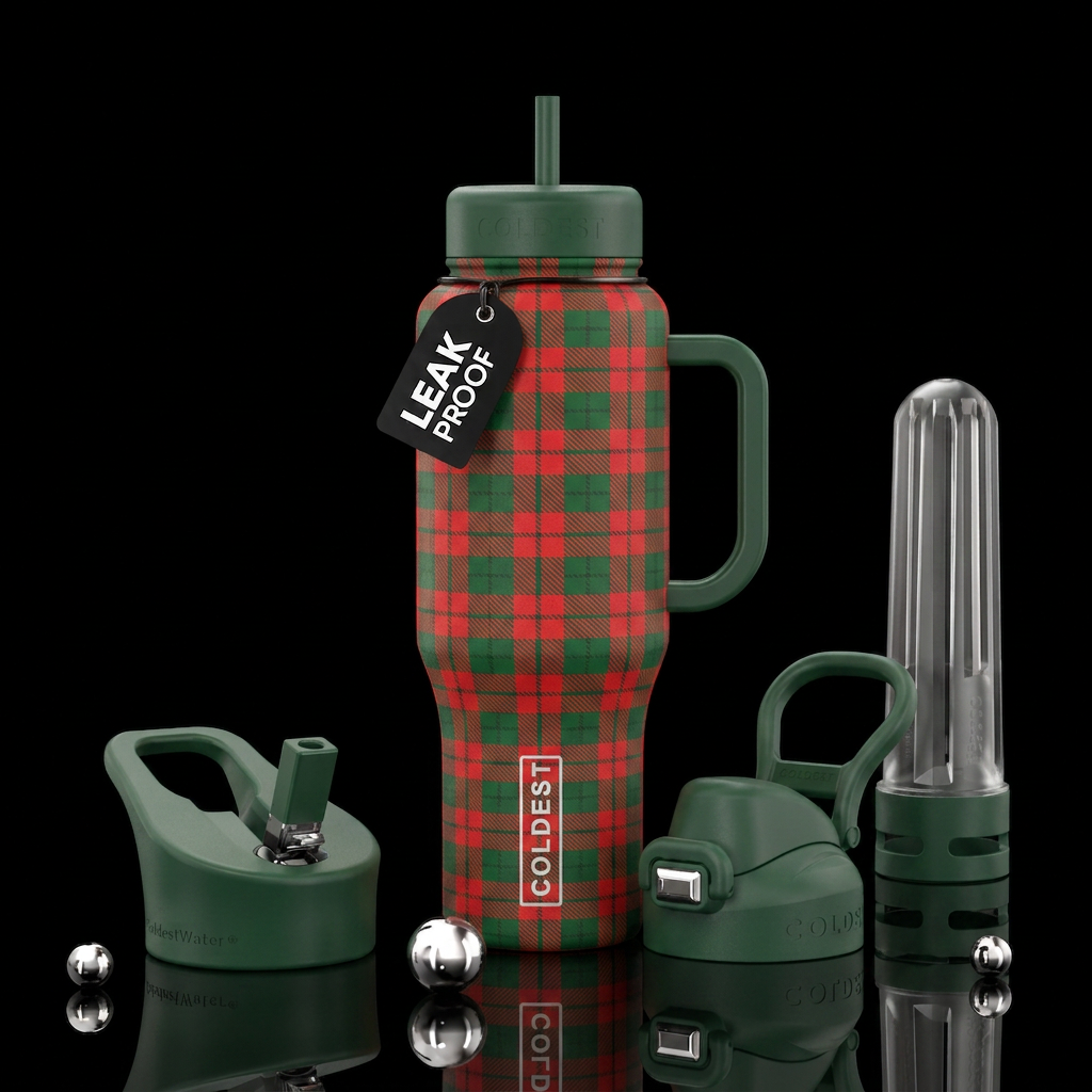Red and green plaid checkers water bottle design