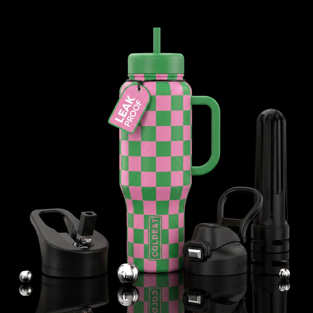 Pink and green checkers water bottle design