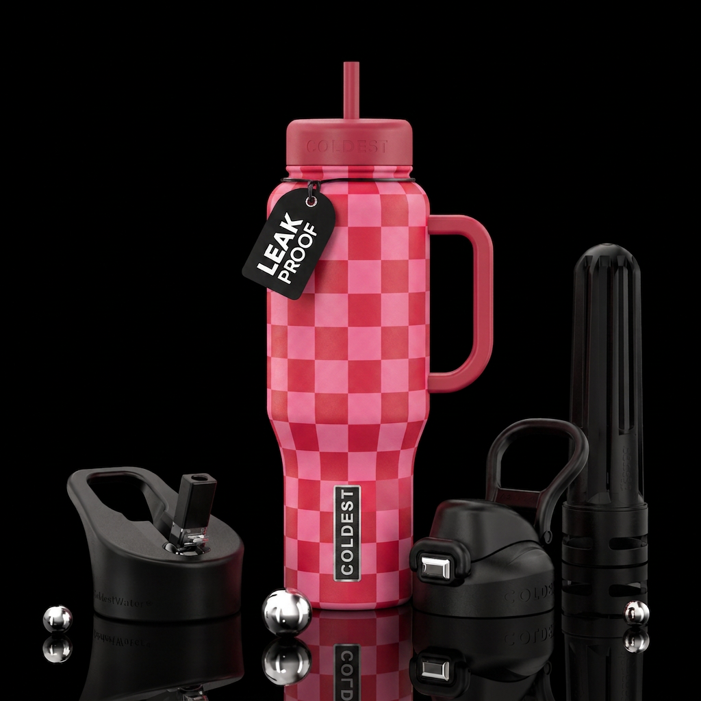 Pink and red checkers water bottle design
