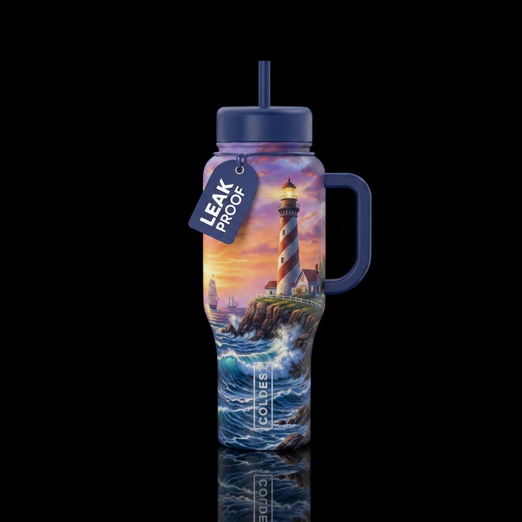 Light house scene water bottle design