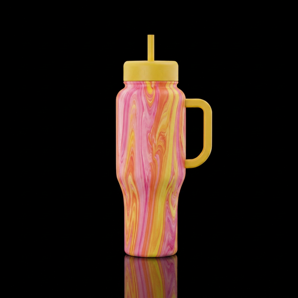 Pink orange and yellow  vertical marble swirls wit... water bottle design