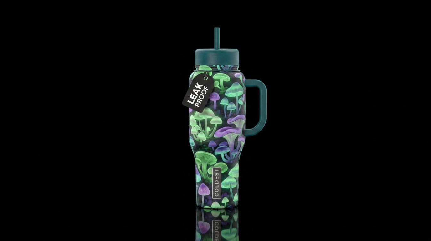 Glow in the dark mushrooms water bottle design