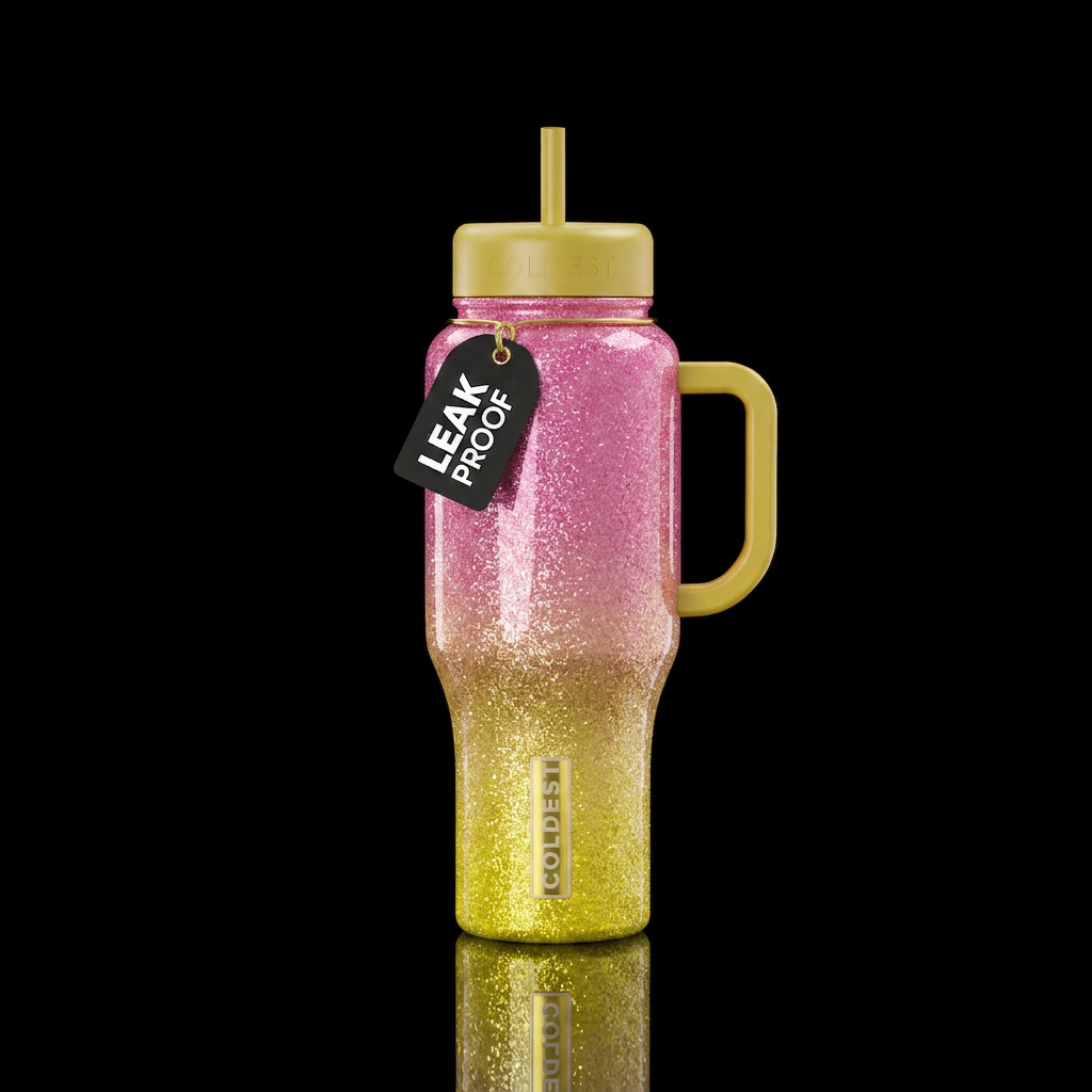 Yellow and pink ombre glitter cup yellow lid and h... water bottle design