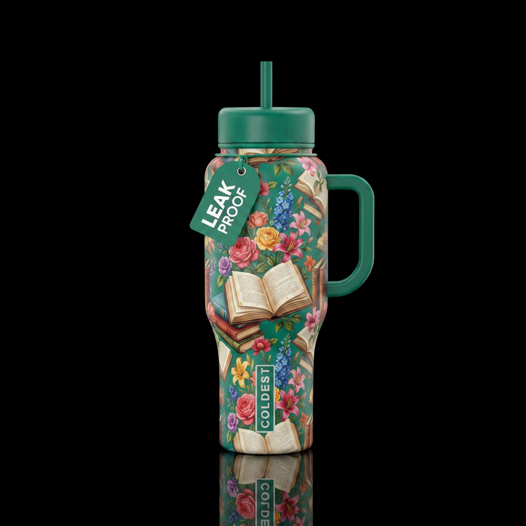 Books and flowers water bottle design