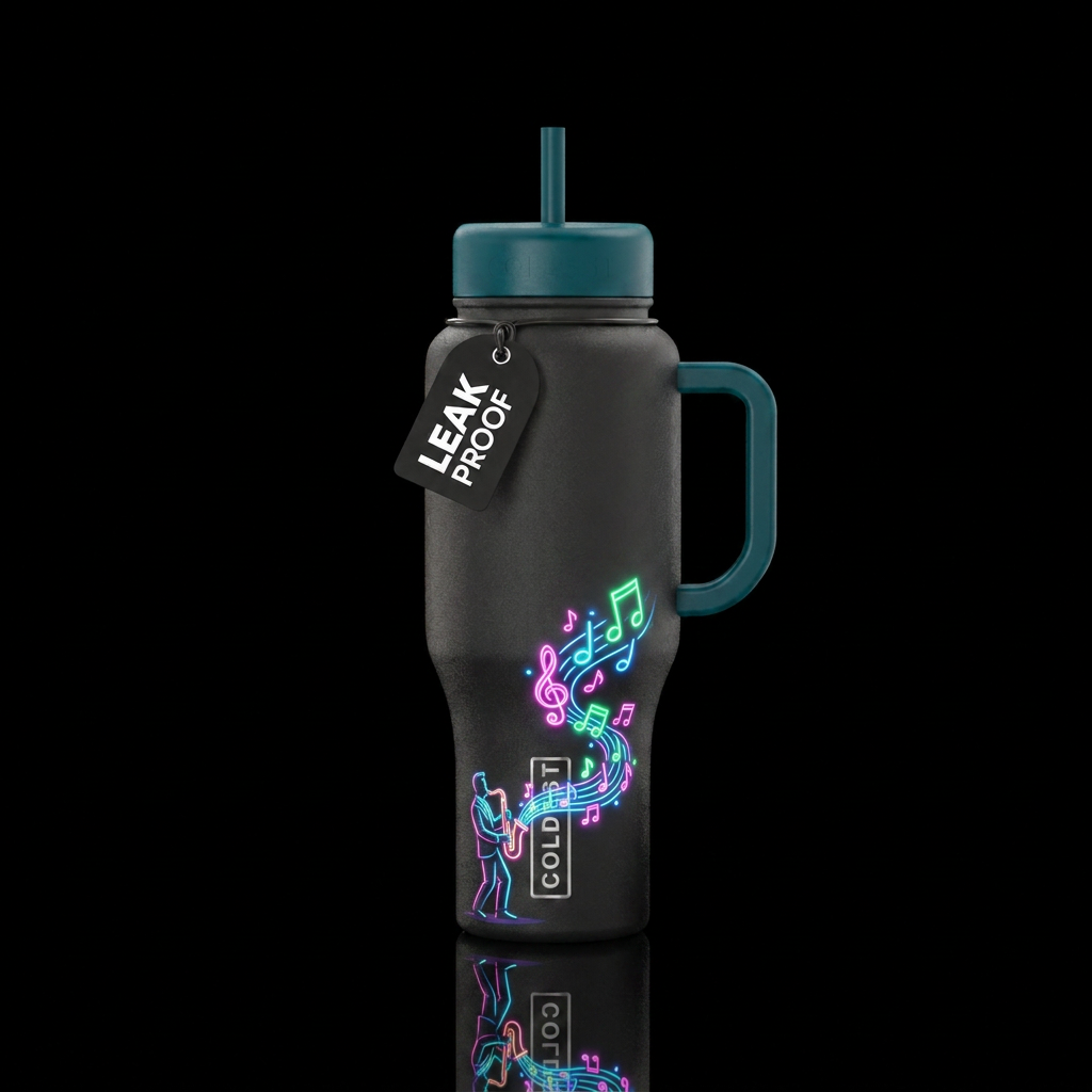 tiny man at the bottom of the bottle playing the s... water bottle design